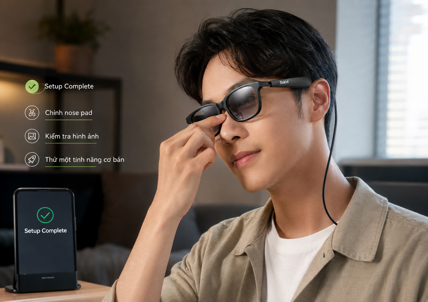 Người dùng kiểm tra độ vừa vặn và hình ảnh của Kính Thông Minh Rokid sau khi hoàn tất thiết lập.