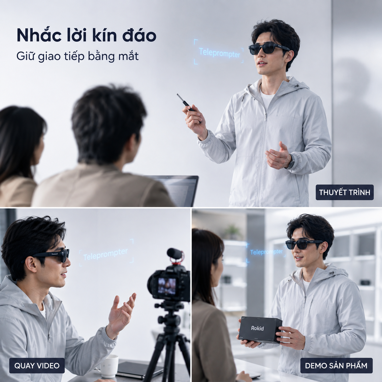 Ứng dụng Teleprompter Rokid trong thuyết trình, quay video và demo sản phẩm.