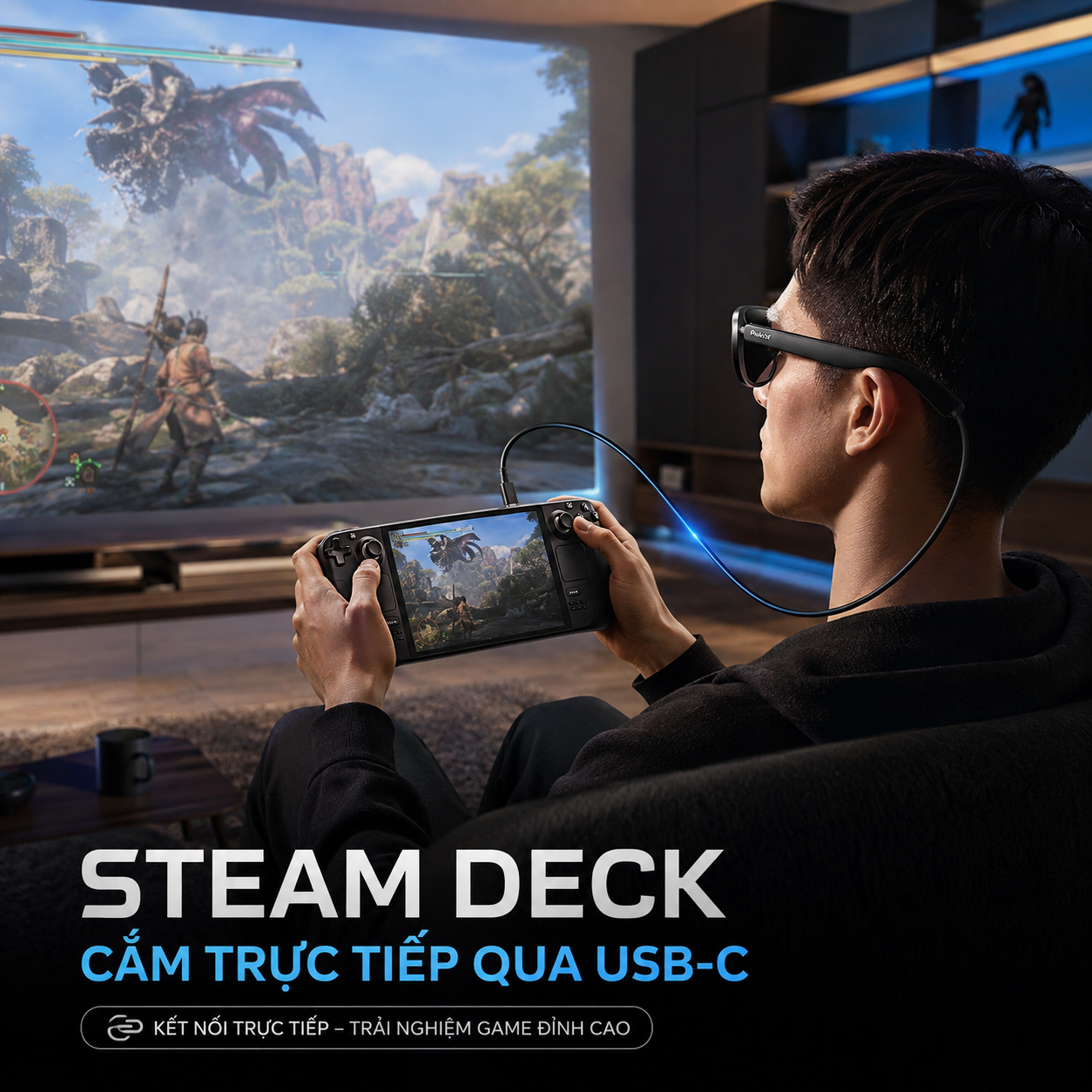 kính Rokid Max 2 kết nối trực tiếp với Steam Deck.