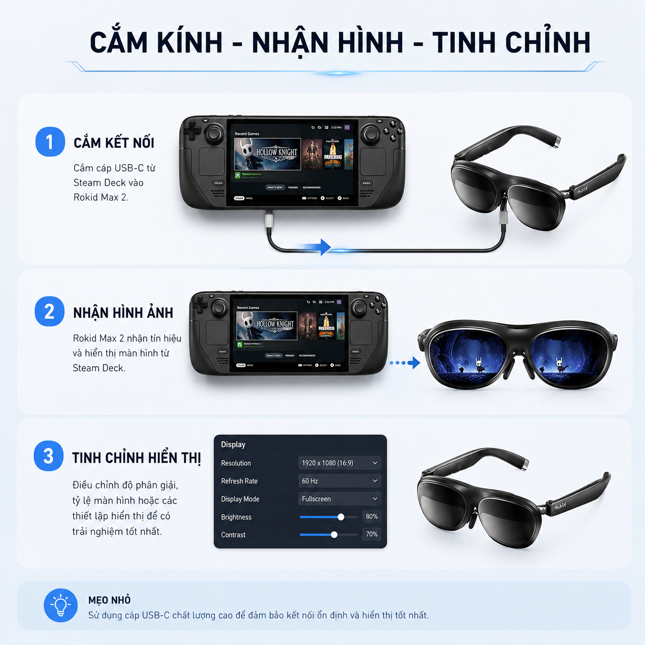 các bước kết nối Rokid Max 2 với Steam Deck.