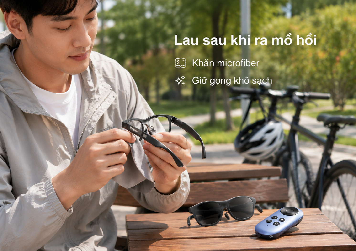 Người dùng lau khô đệm mũi và càng Rokid AI Glasses Style sau khi ra mồ hôi.