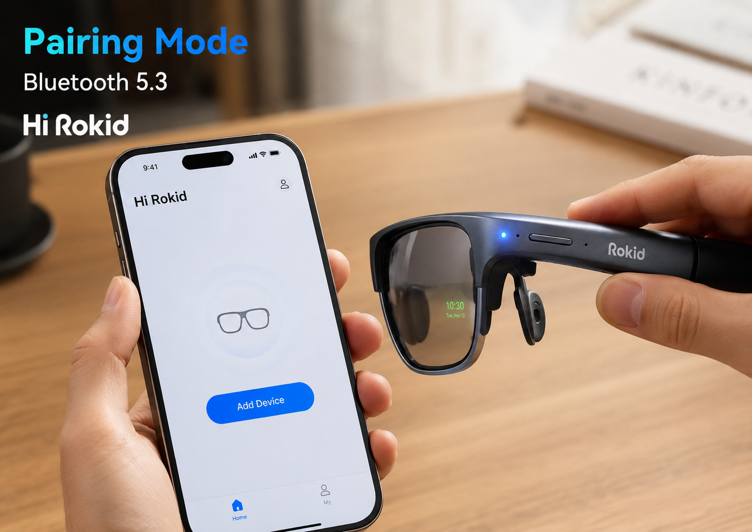Rokid Glasses Display ở chế độ Bluetooth pairing và được thêm trong Hi Rokid.
