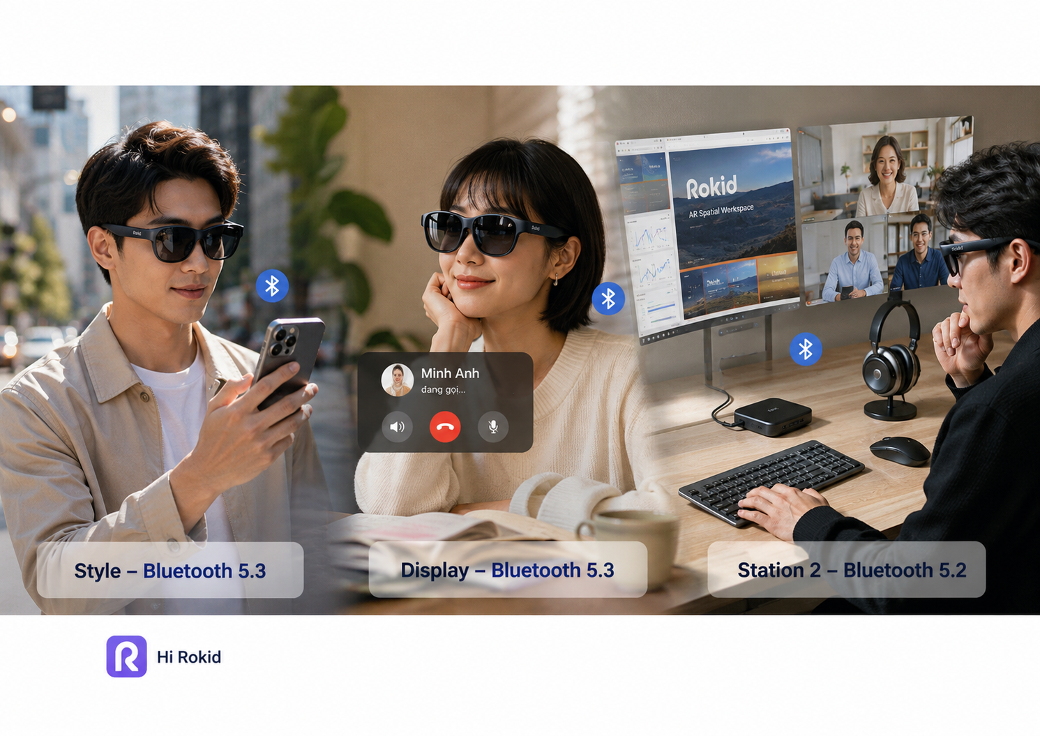 Ba tình huống kết nối Bluetooth trên Rokid AI Glasses Style, Rokid Glasses Display và Rokid Station 2.