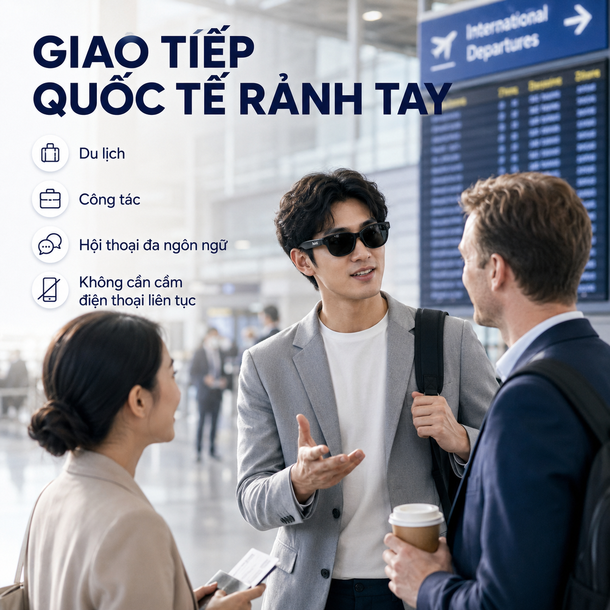 Rokid AI Glasses Style hỗ trợ giao tiếp quốc tế và phiên dịch rảnh tay.