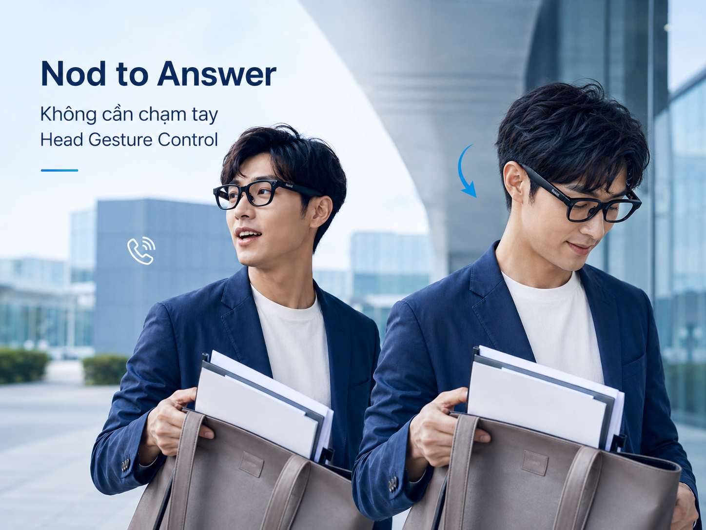 Người dùng gật đầu để nhận cuộc gọi trên Rokid AI Glasses Style khi bật điều khiển cử chỉ.