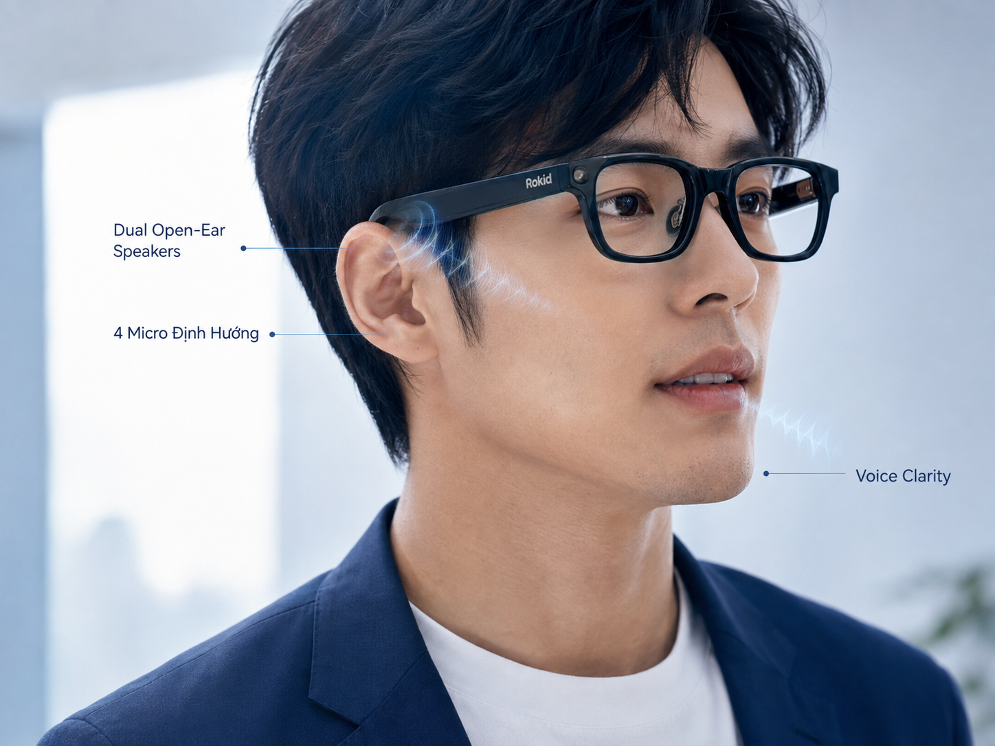 Cận cảnh hệ thống loa Open-Ear và bốn micro hỗ trợ gọi điện trên Kính Thông Minh Rokid.