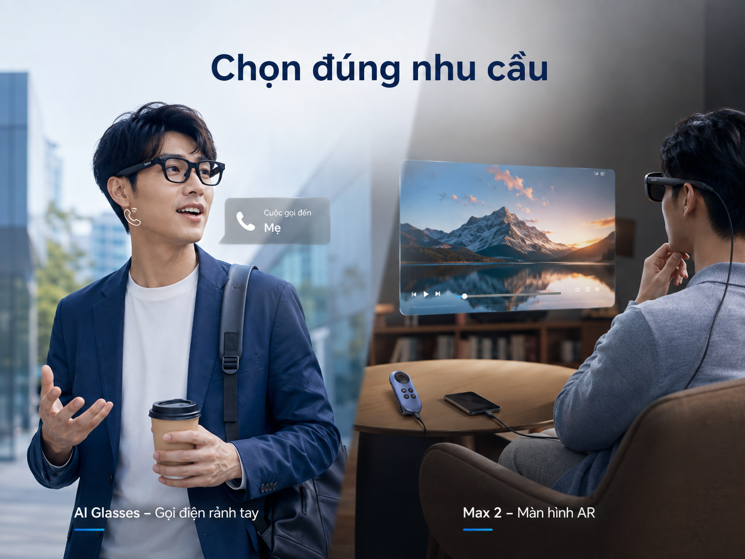Ảnh phân biệt Kính Thông Minh Rokid AI hỗ trợ gọi điện với Rokid Max 2 thiên về hiển thị AR.