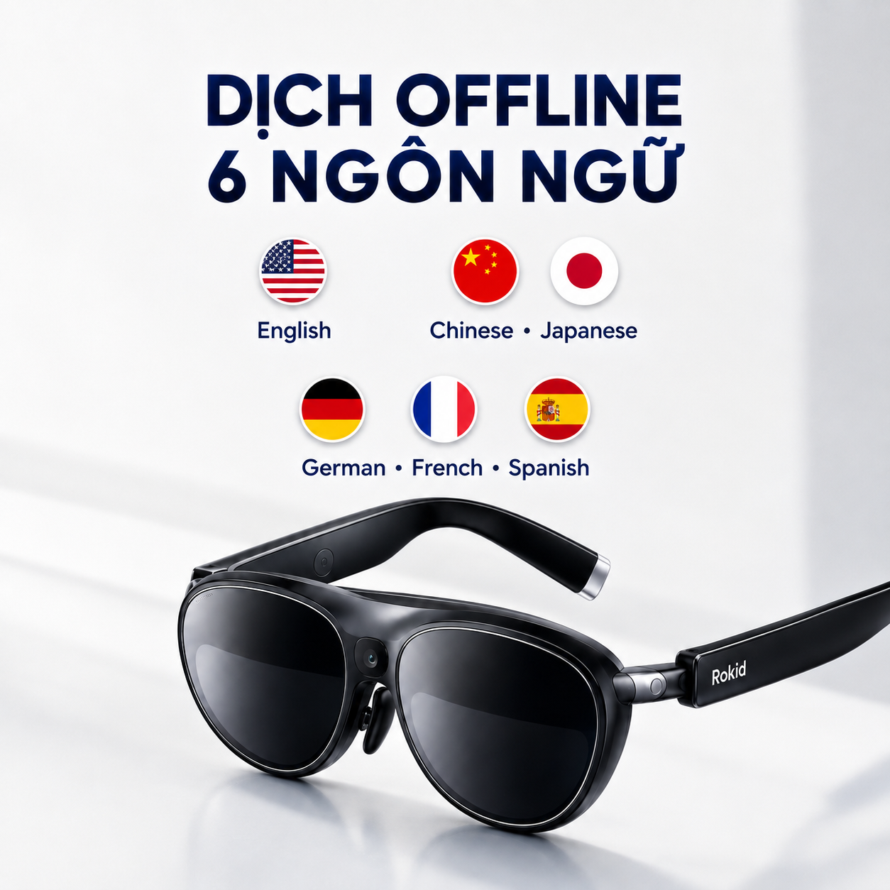 Sáu ngôn ngữ dịch offline được hỗ trợ trên kính Rokid.