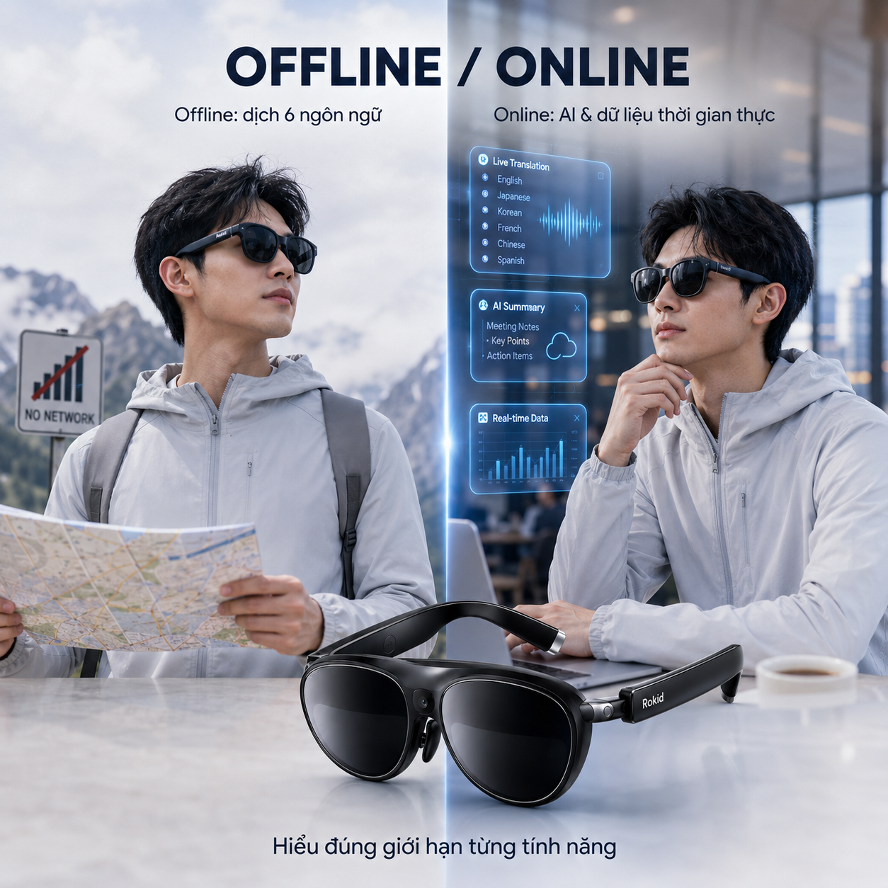 So sánh tính năng online và offline của kính thông minh Rokid.