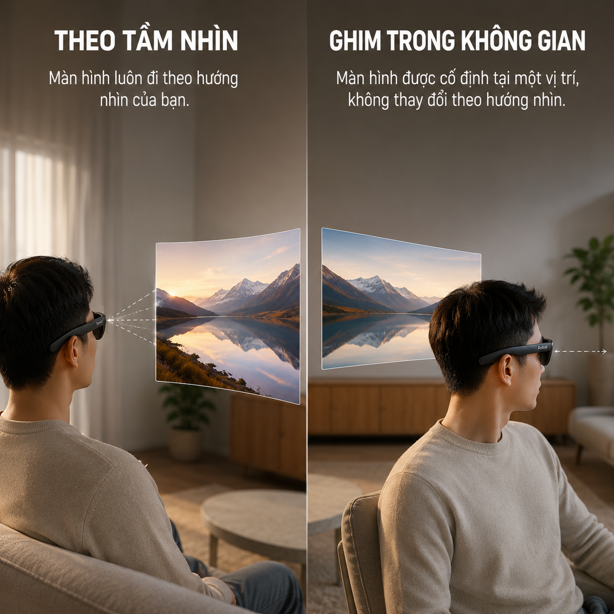 so sánh màn hình theo đầu và màn hình 3DoF trên Rokid.