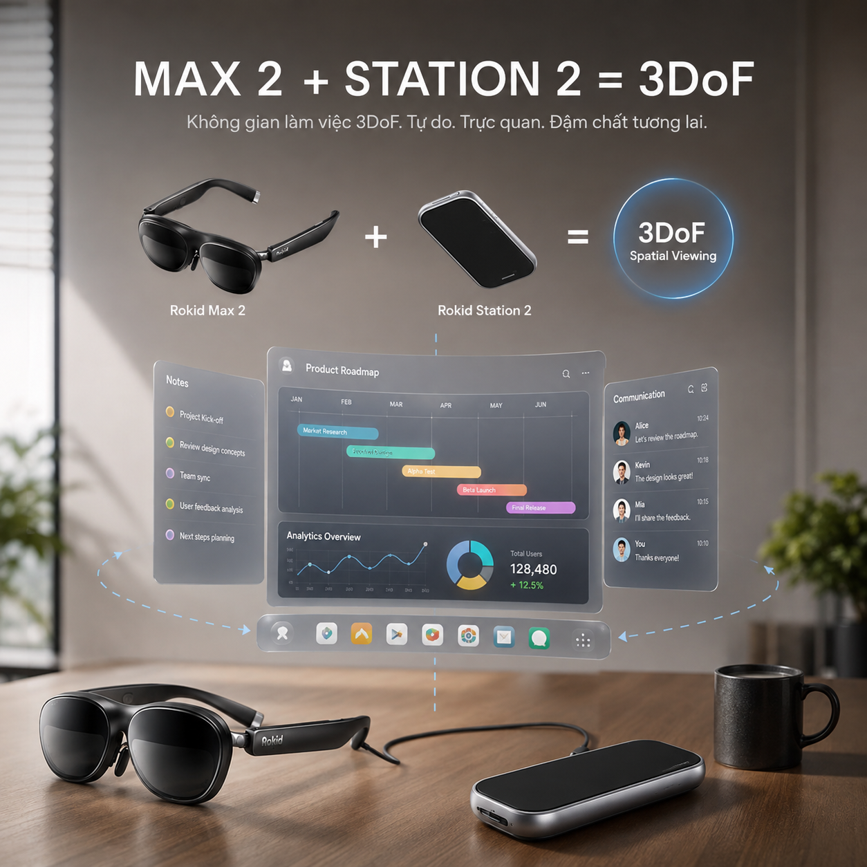 Rokid Max 2 kết hợp Station 2 tạo không gian ba bậc tự do.
