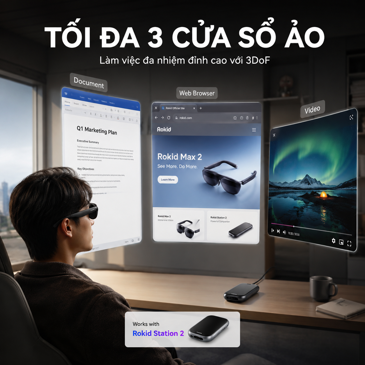 ba cửa sổ ảo trong không gian AR Spatial của Rokid.