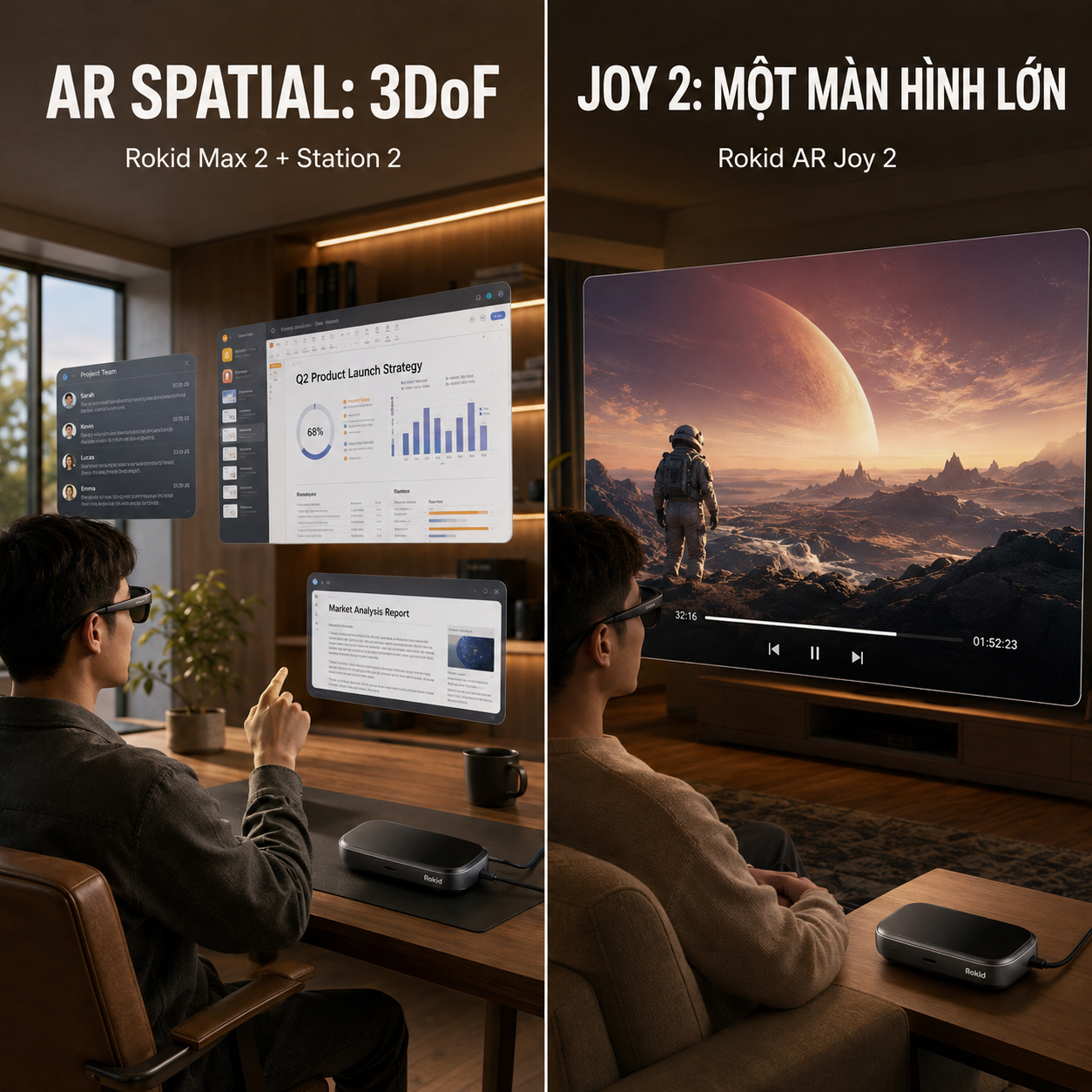 so sánh Rokid AR Spatial và Joy 2 về khả năng hiển thị không gian.