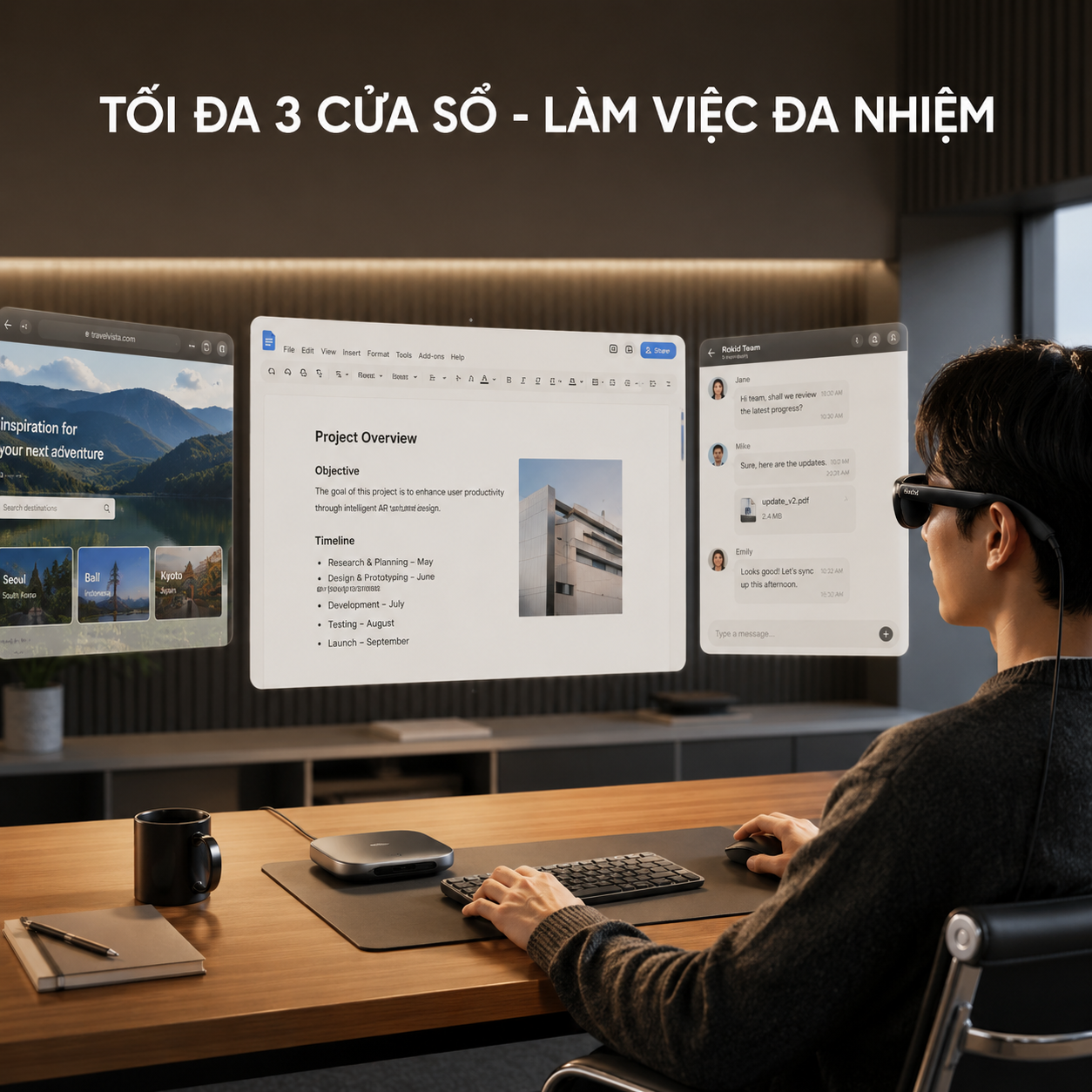 không gian ba cửa sổ ảo trên Rokid AR Spatial.