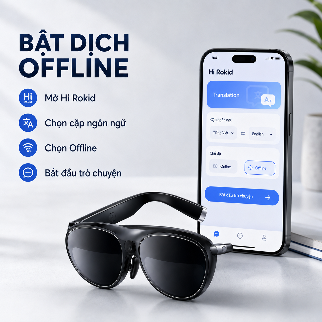 Quy trình bật chế độ dịch offline trên Hi Rokid cho kính Rokid.