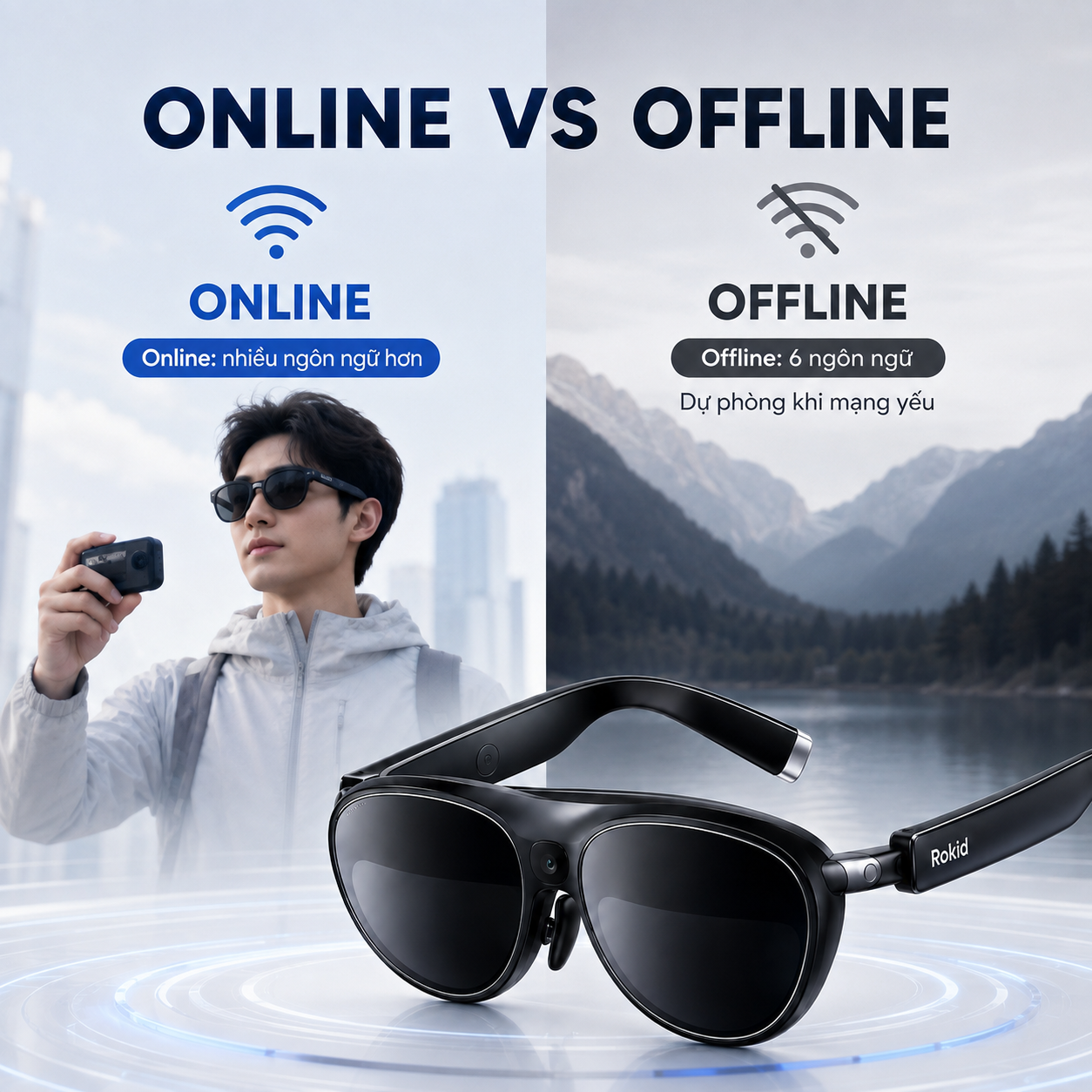 So sánh dịch online và offline trên Rokid AI Glasses Style.