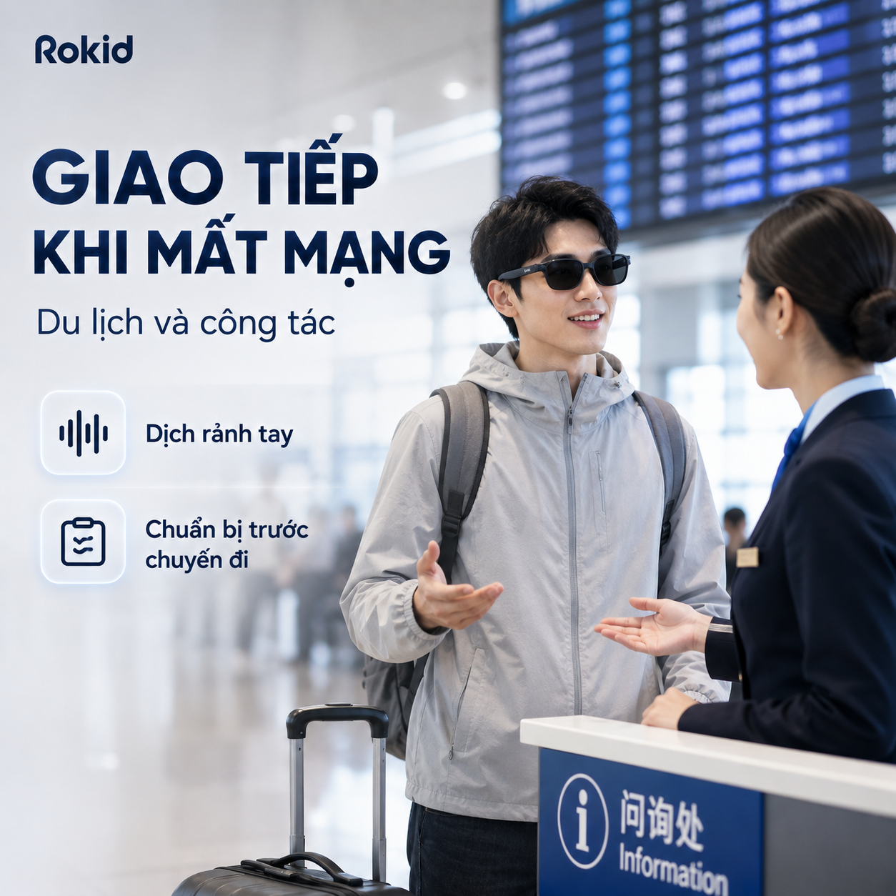 Rokid AI Glasses Style hỗ trợ dịch ngoại tuyến khi đi du lịch.