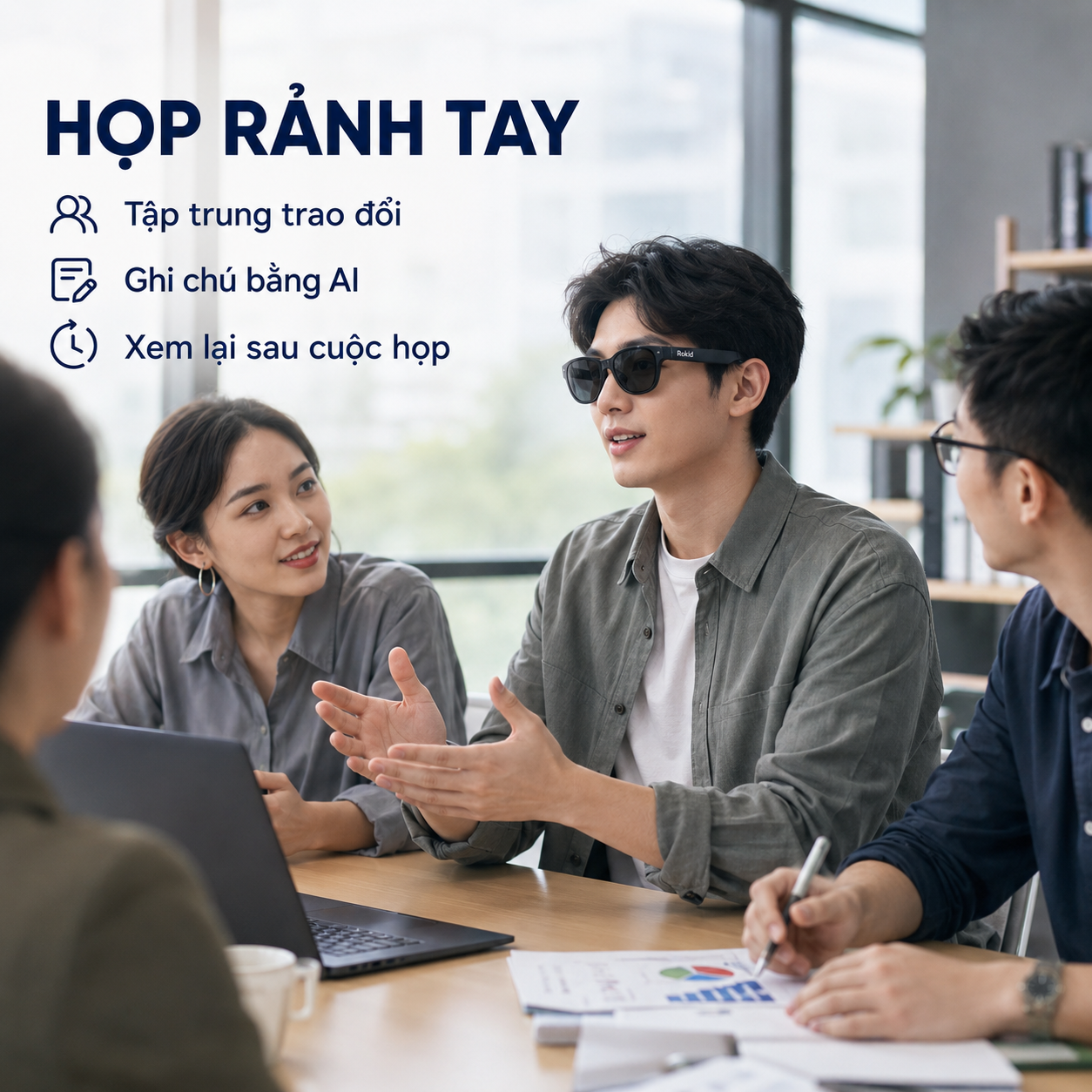 Người dùng Rokid AI Glasses Style ghi chú cuộc họp rảnh tay.
